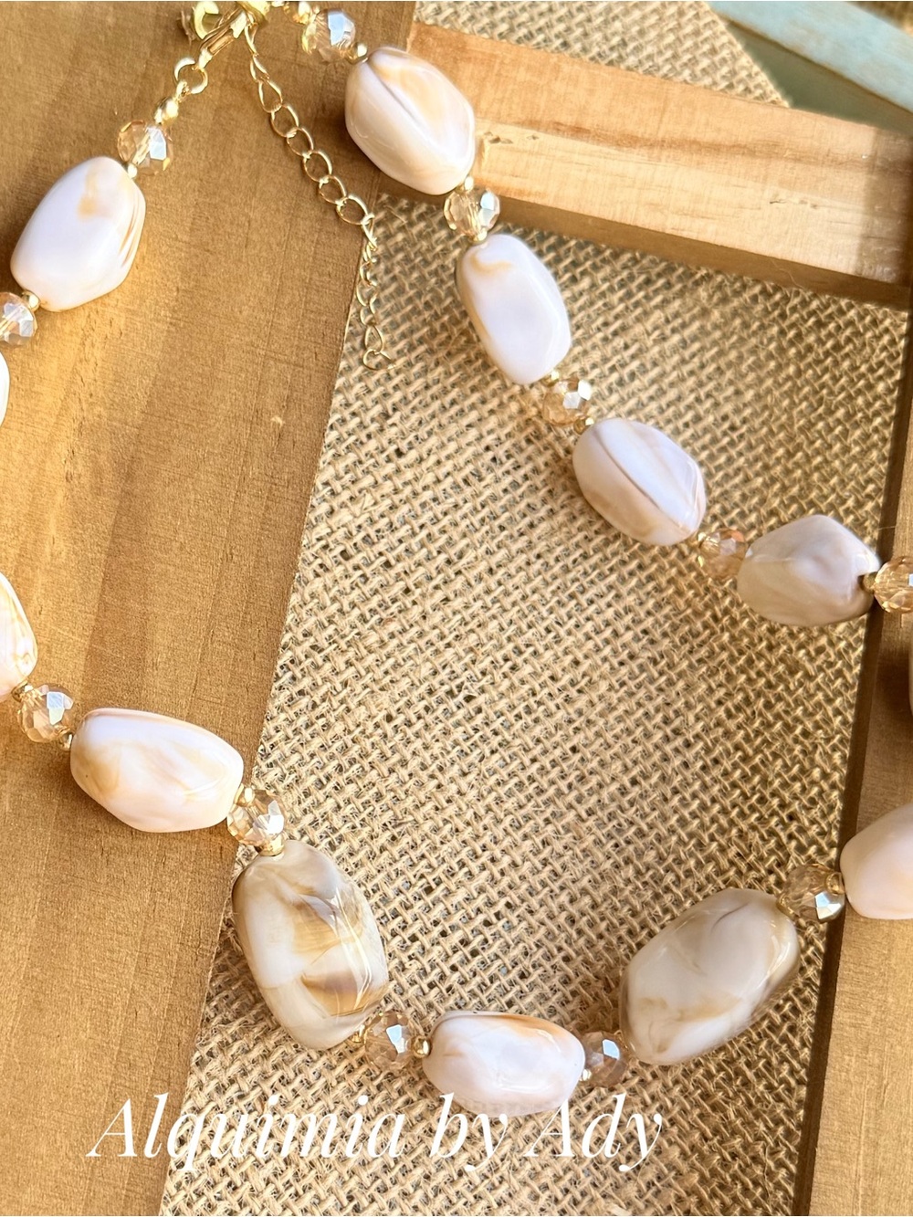 MONUMENT Cream and Tan Marbled SHELLS Beaded Necklace with Gold Accents